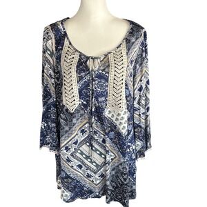 One World Casual or Dressy Boho Patchwork Lace Trim Tunic Blouse Women 1X Blue